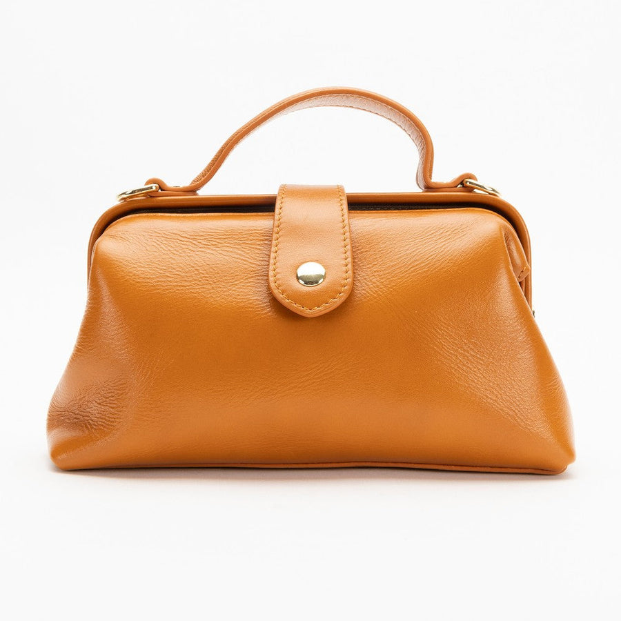 Brown leather handbag on a white background