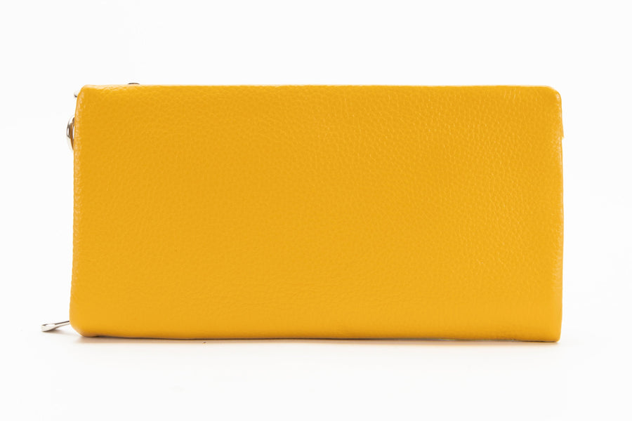 A yellow leather wallet with a snap closure.