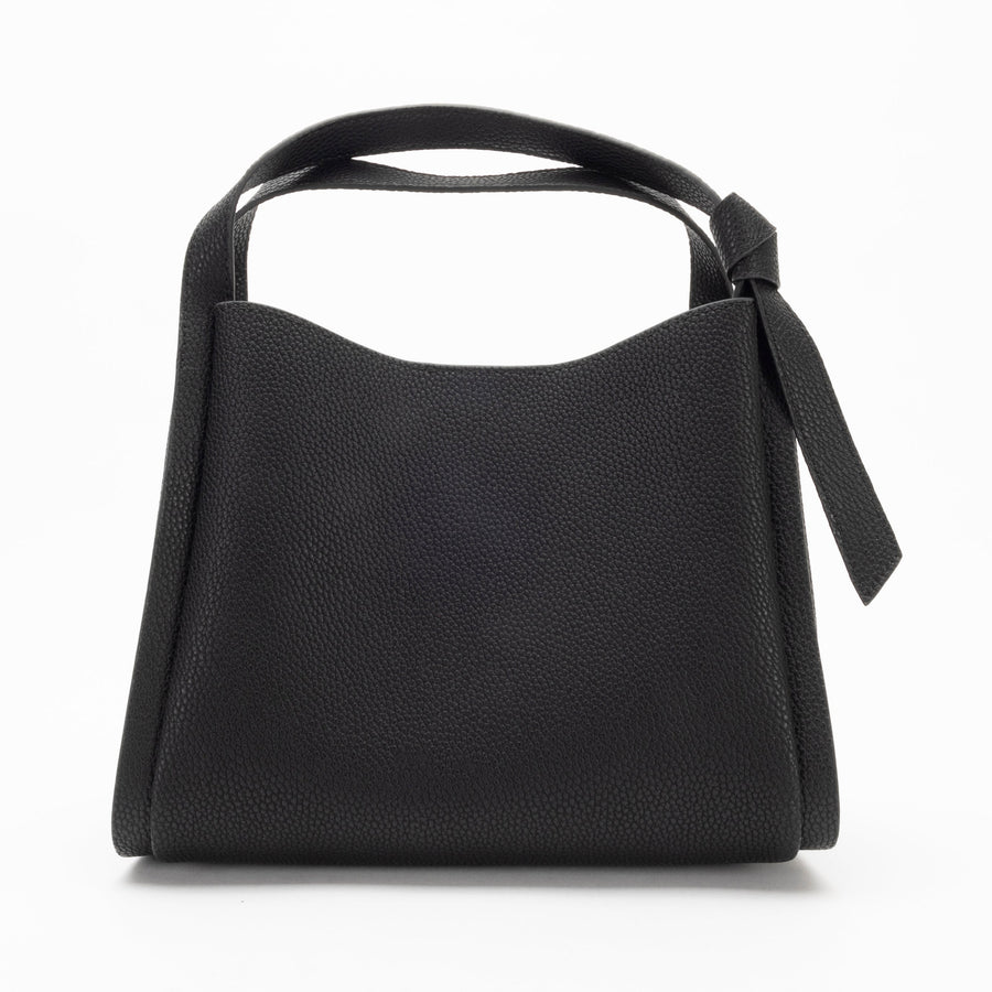 A black leather bucket bag with a detachable shoulder strap and a front zipper closure.