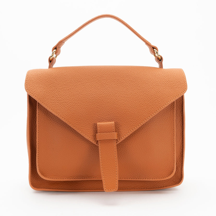 A brown leather satchel bag with a top handle and detachable shoulder strap, featuring a main compartment with zippers and additional pockets.