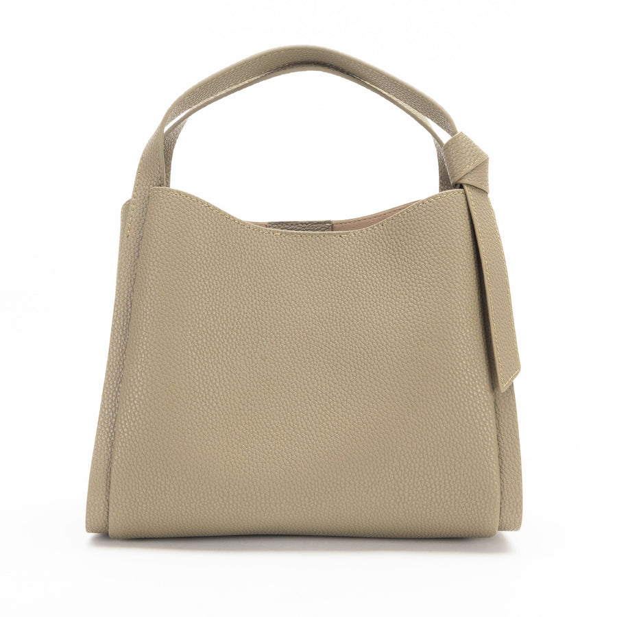 A light green leather bucket bag with a detachable shoulder strap and a front zipper closure.