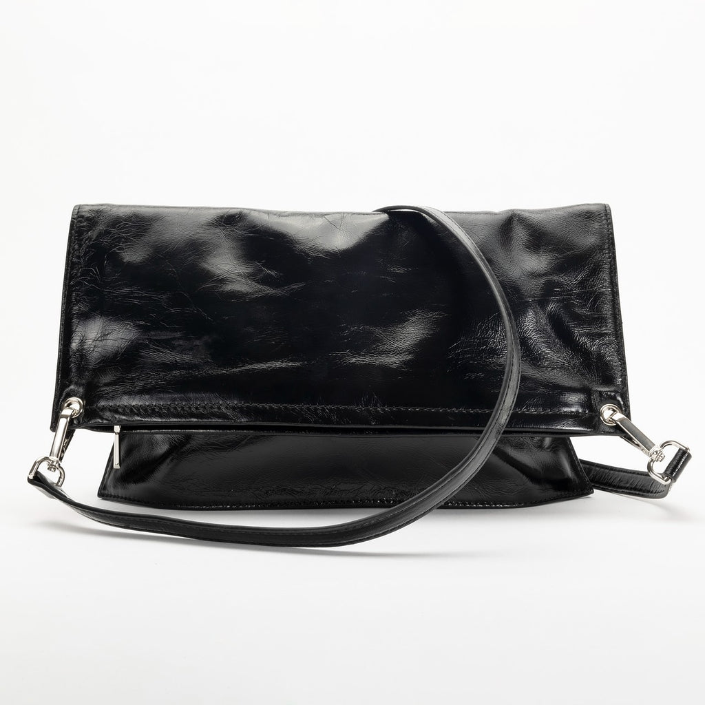 Black leather clutch bag with a strap on a white background